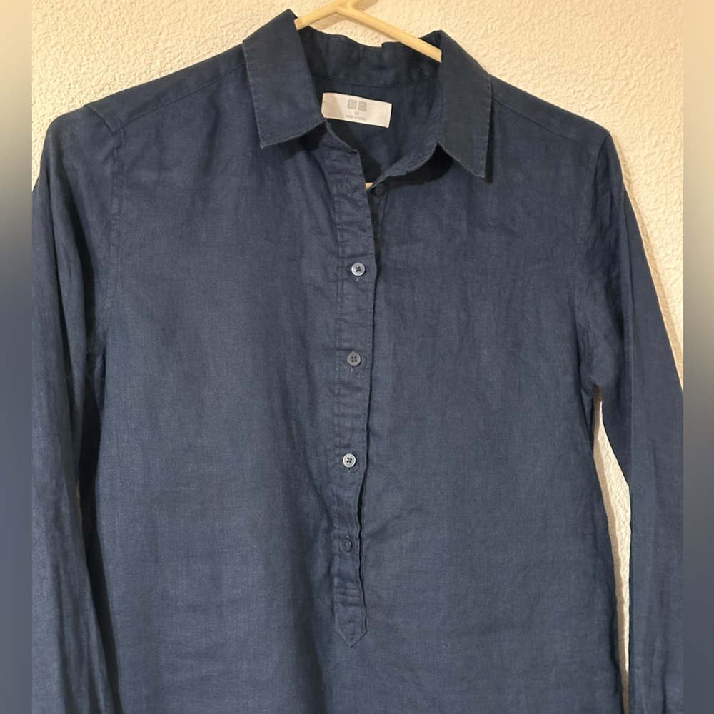 Uniqlo Pullover Shirt Women Navy 100% Linen Collar Button Up Long Sleeve Size XS - Picture 2 of 6